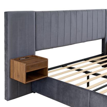 Upholstered King Size Bed Frame Of Velvet Tufted Headboard With Floating Nightstand LED / USB Built - Gray