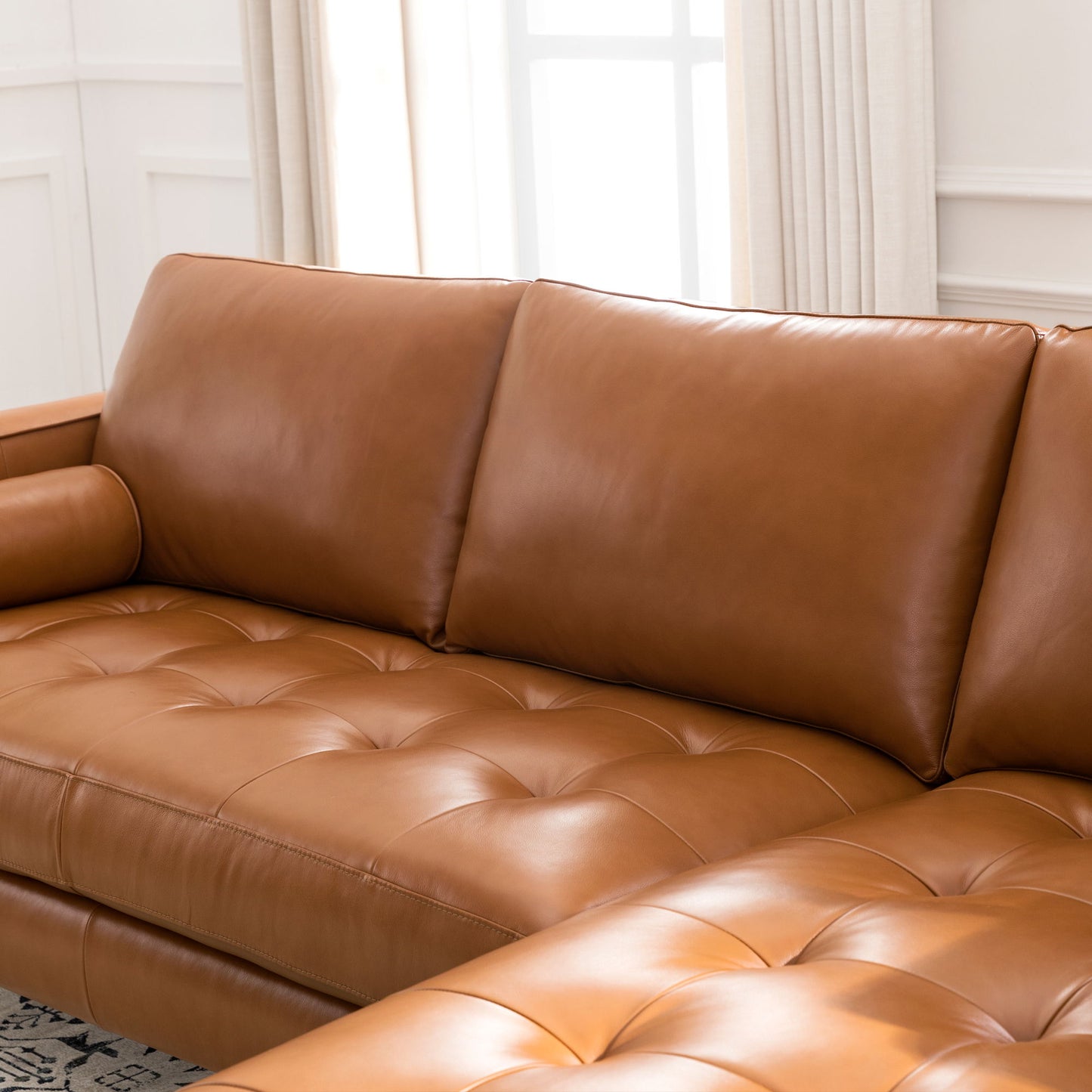 Mid-Century Tufted Leather Sectional With Reversible Chaise - Cognac