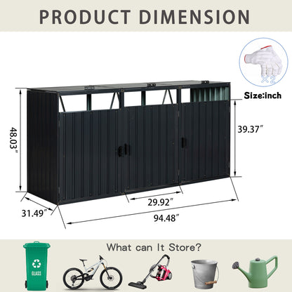 Garbage Bin Shed Stores 3 Trash Cans Metal Outdoor Bin Shed For Garbage Storage, Stainless Galvanized Steel, Bin Shed For Garden Yard Lawn W540S00009 - Charcoal