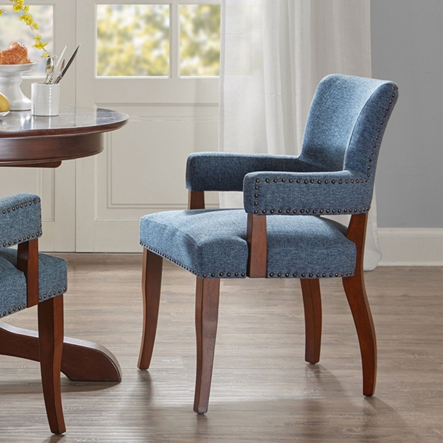 Arm Dining Chair With Brass Nail Head Detailing - Blue