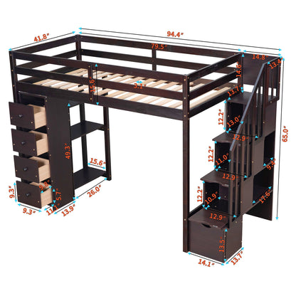 Twin Size Loft Bed With Storage Drawers And Stairs With Shelves - Espresso