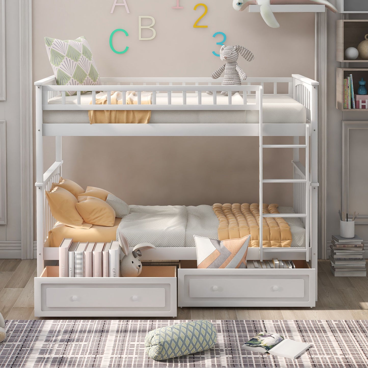 Twin Over Twin Bunk Bed With Drawers, Convertible Beds - White