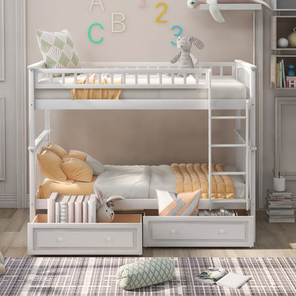 Twin Over Twin Bunk Bed With Drawers, Convertible Beds - White