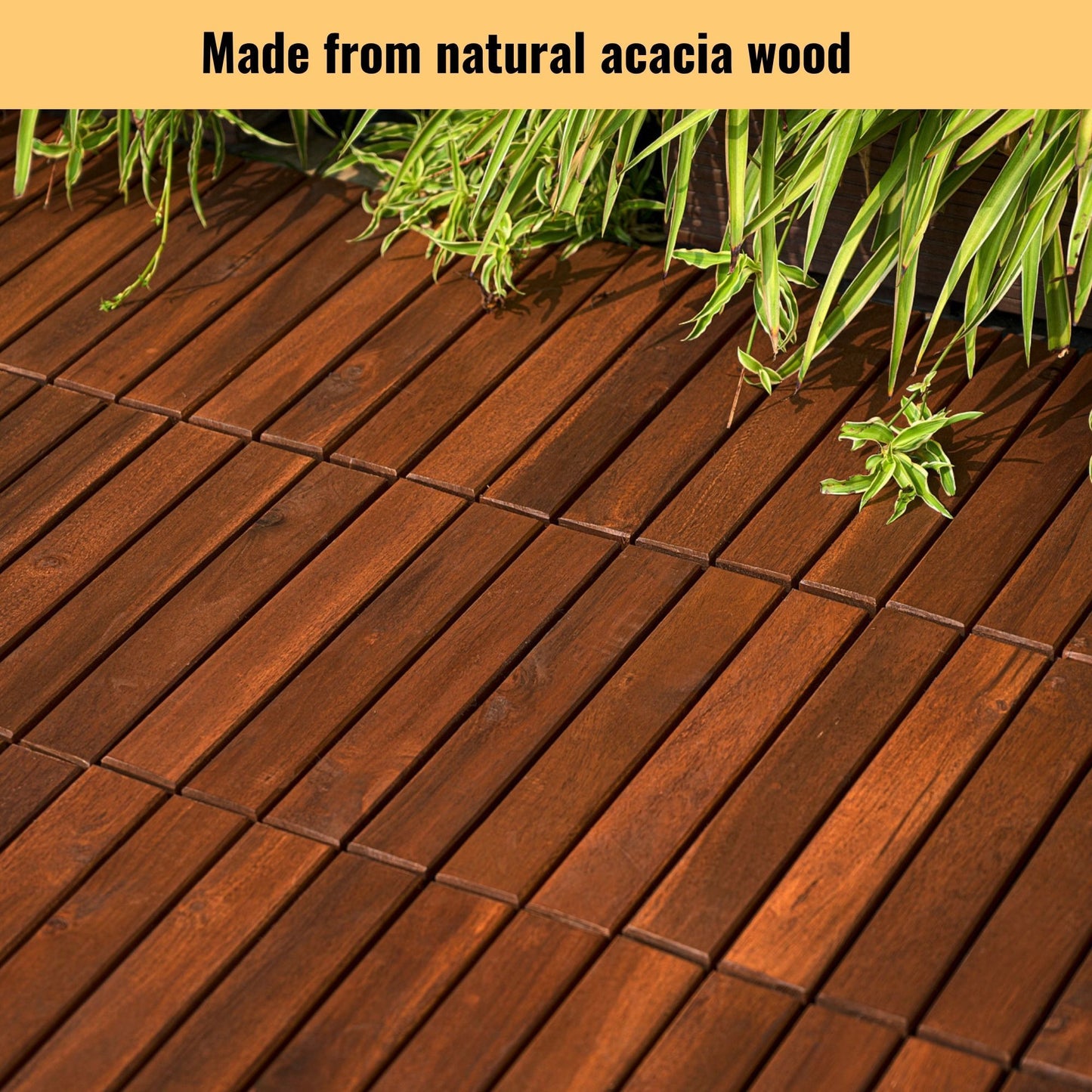 10 Piece Interlocking Deck Tiles Striped Pattern, Square Acacia Hardwood Outdoor Flooring For Patio, Bancony, Pool Side - Brown