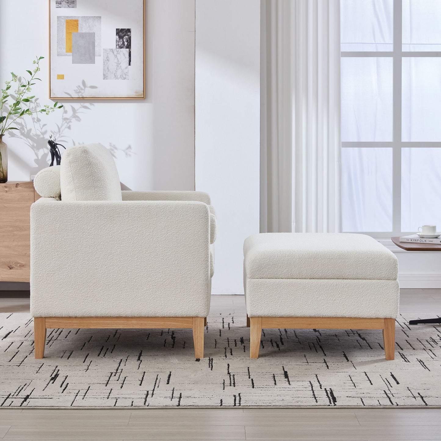 Oversized Swivel Barrel Accent Chair And Ottoman Set With Storage - Ivory
