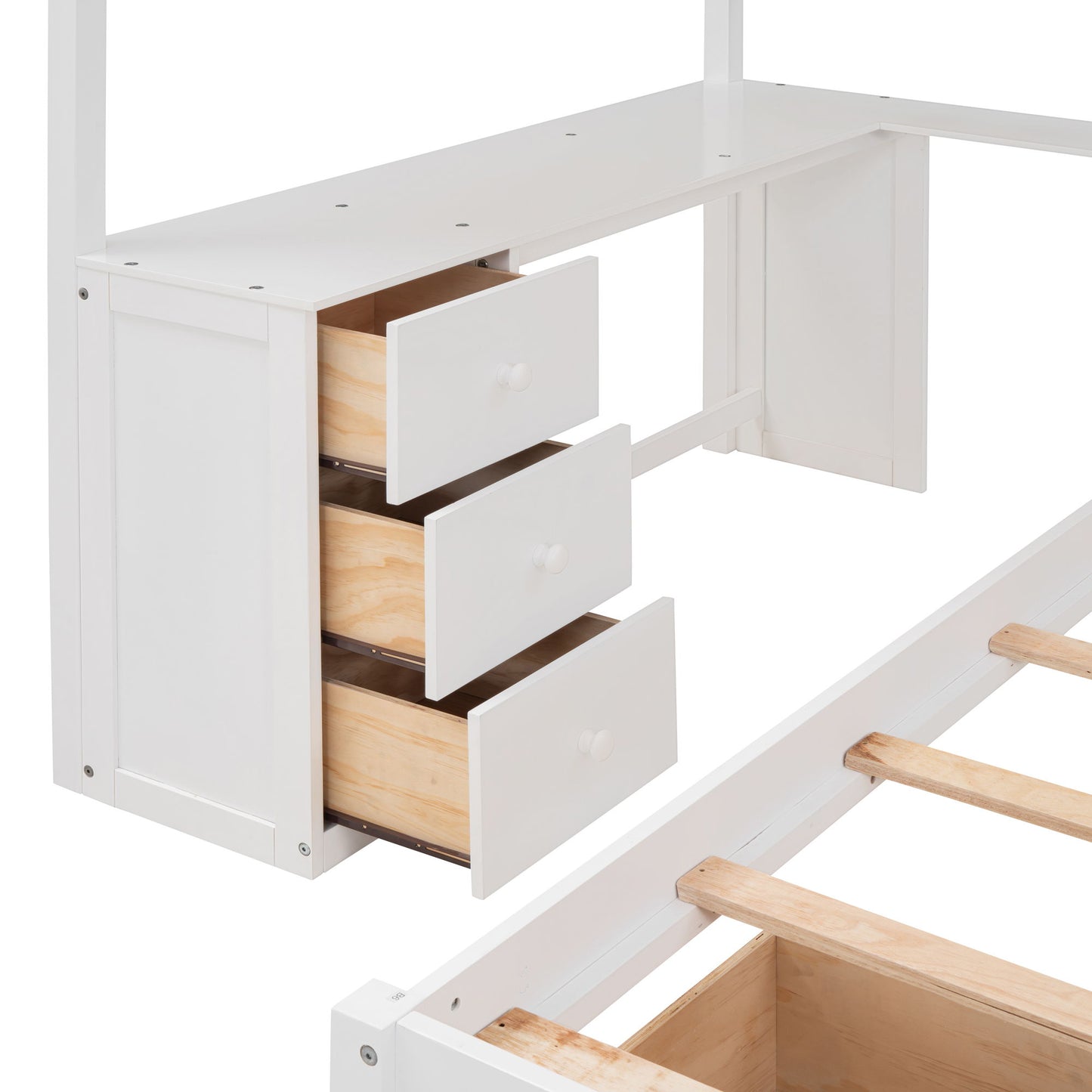 Full Over Twin Bunk Bed With Desk, Drawers And Shelves - White