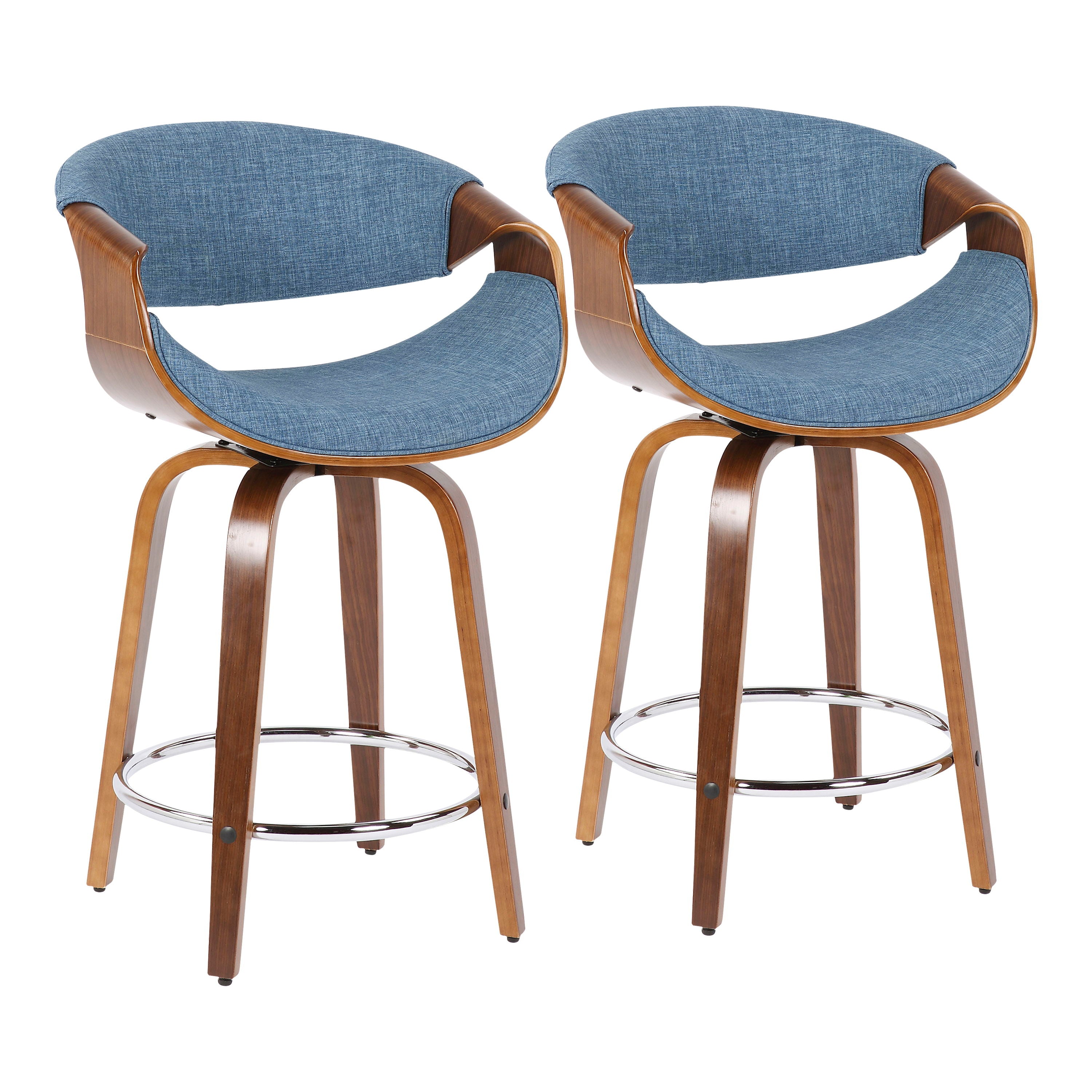 Curvini - Mid-Century Modern Counter Stool (Set of 2) - Walnut / Blue