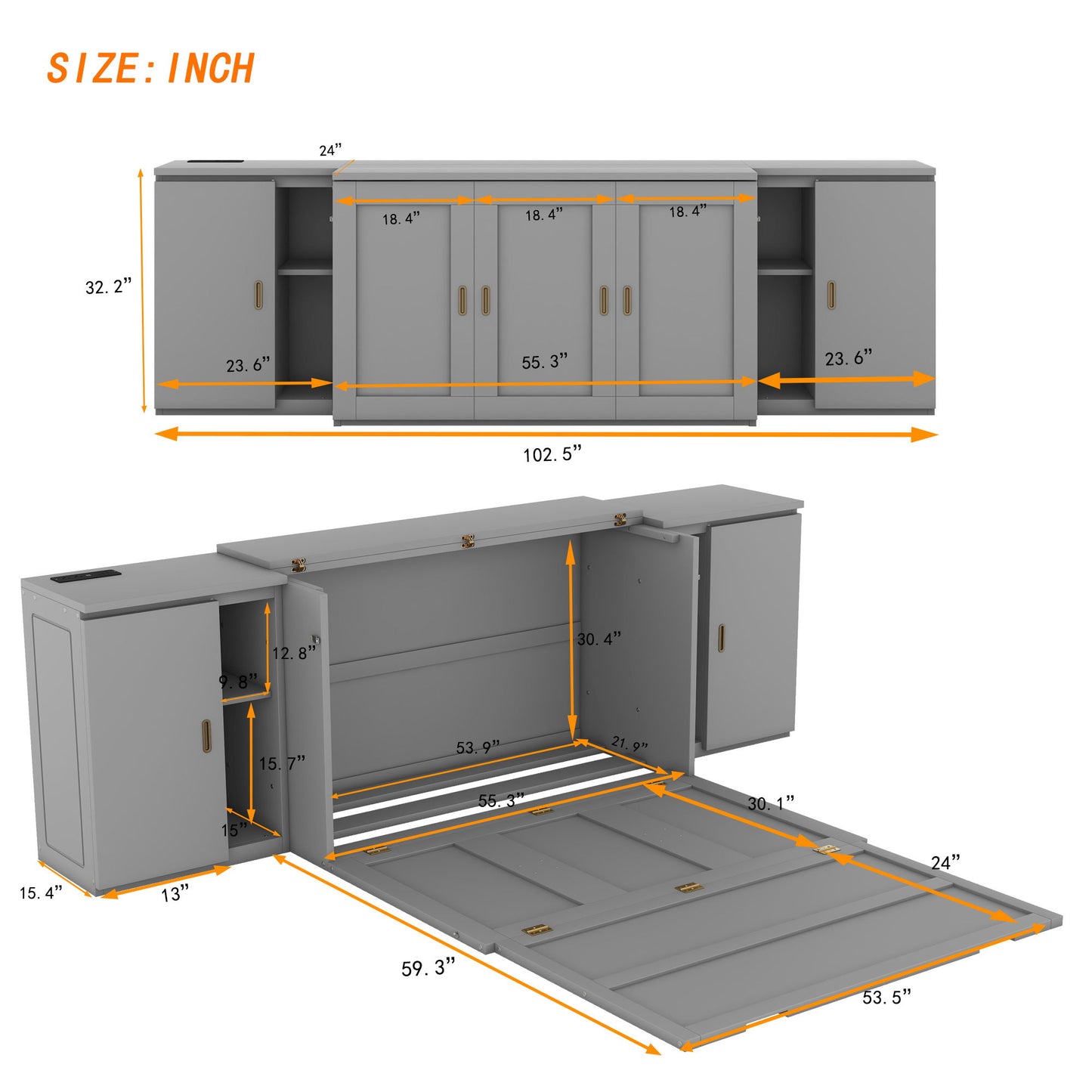 Full Size Murphy Bed With Shelves, Cabinets And USB Ports - Gray