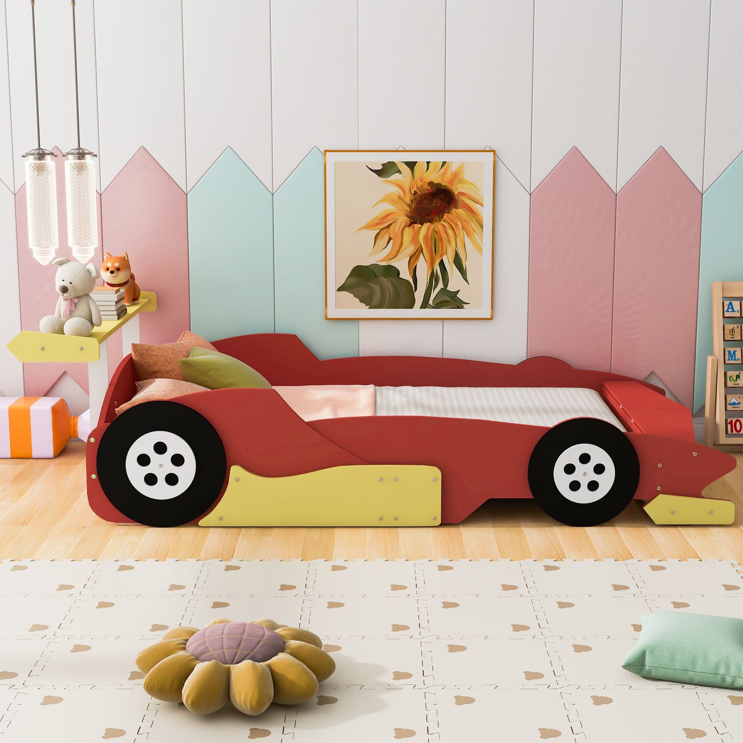 Full Size Race Car Shaped Platform Bed With Wheels - Red