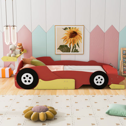 Full Size Race Car Shaped Platform Bed With Wheels - Red