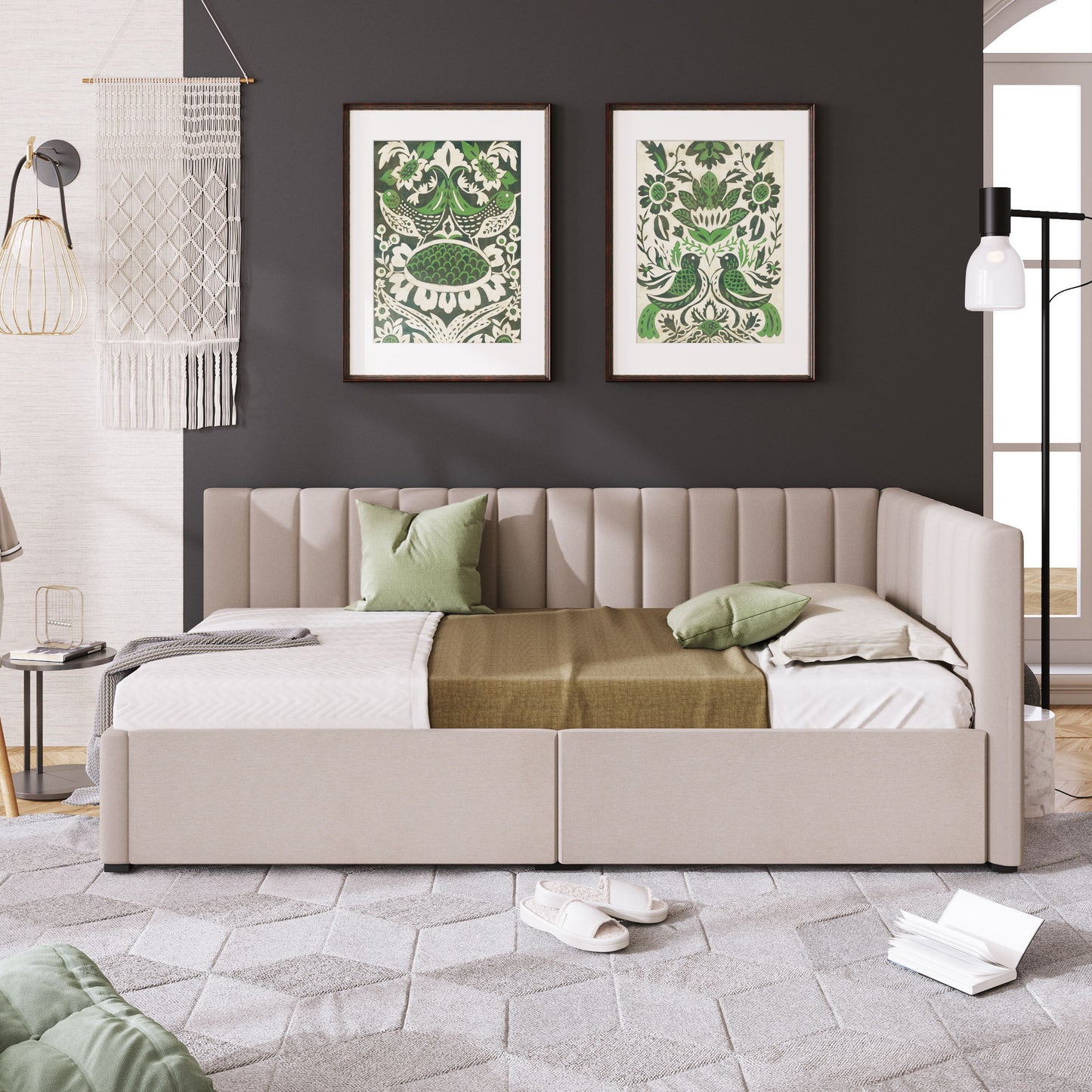 Twin Size Upholstered Daybed With 2 Storage Drawers, Sofa Bed Frame No Box Spring Needed - Beige