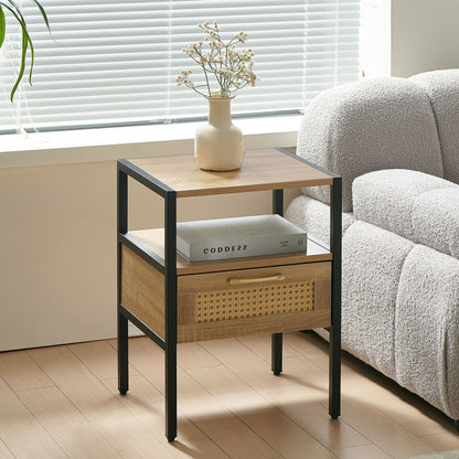 Rattan End Table With Drawer, Modern Nightstand, Metal Legs, Side Table For Living Room, Bedroom - Natural