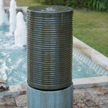 Tall Large Round Green Ribbed Tower Water Fountain, Verge Bronze, Cement Outdoor Bird Feeder / Bath Fountain - Antique Green