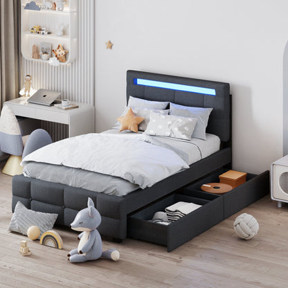 Twin Size Upholstered Platform Bed With LED Frame And 2 Drawers - Gray