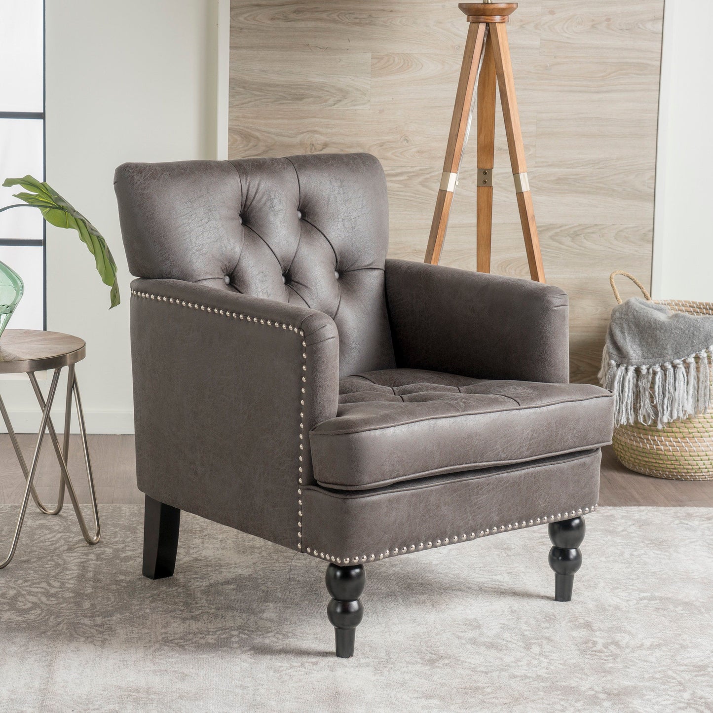 Vitality - Club Chair With Button Tufted Diamond Stitching And Turned Legs - Brown / Gray