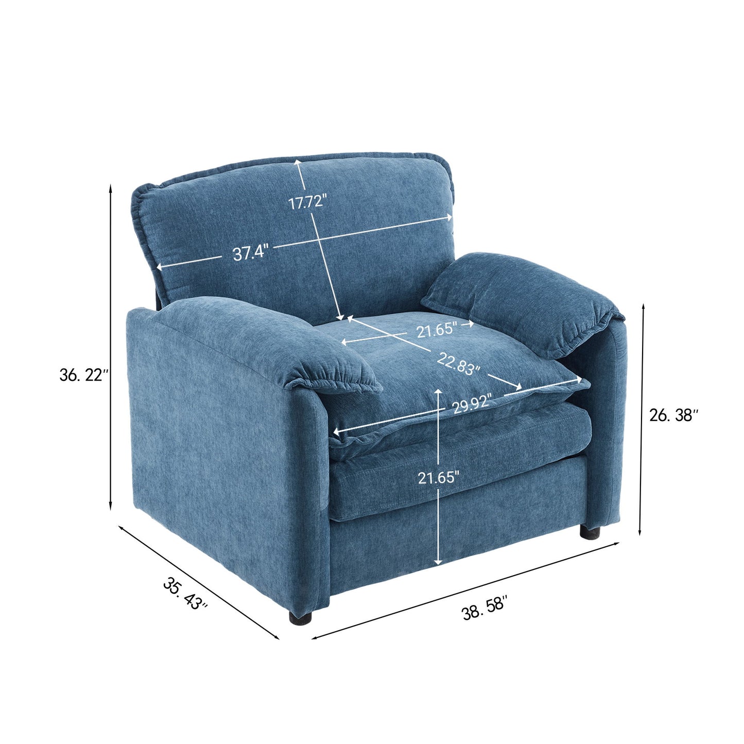 Oversized Reading Armchair With Thick Cushions, High Back Support - Blue