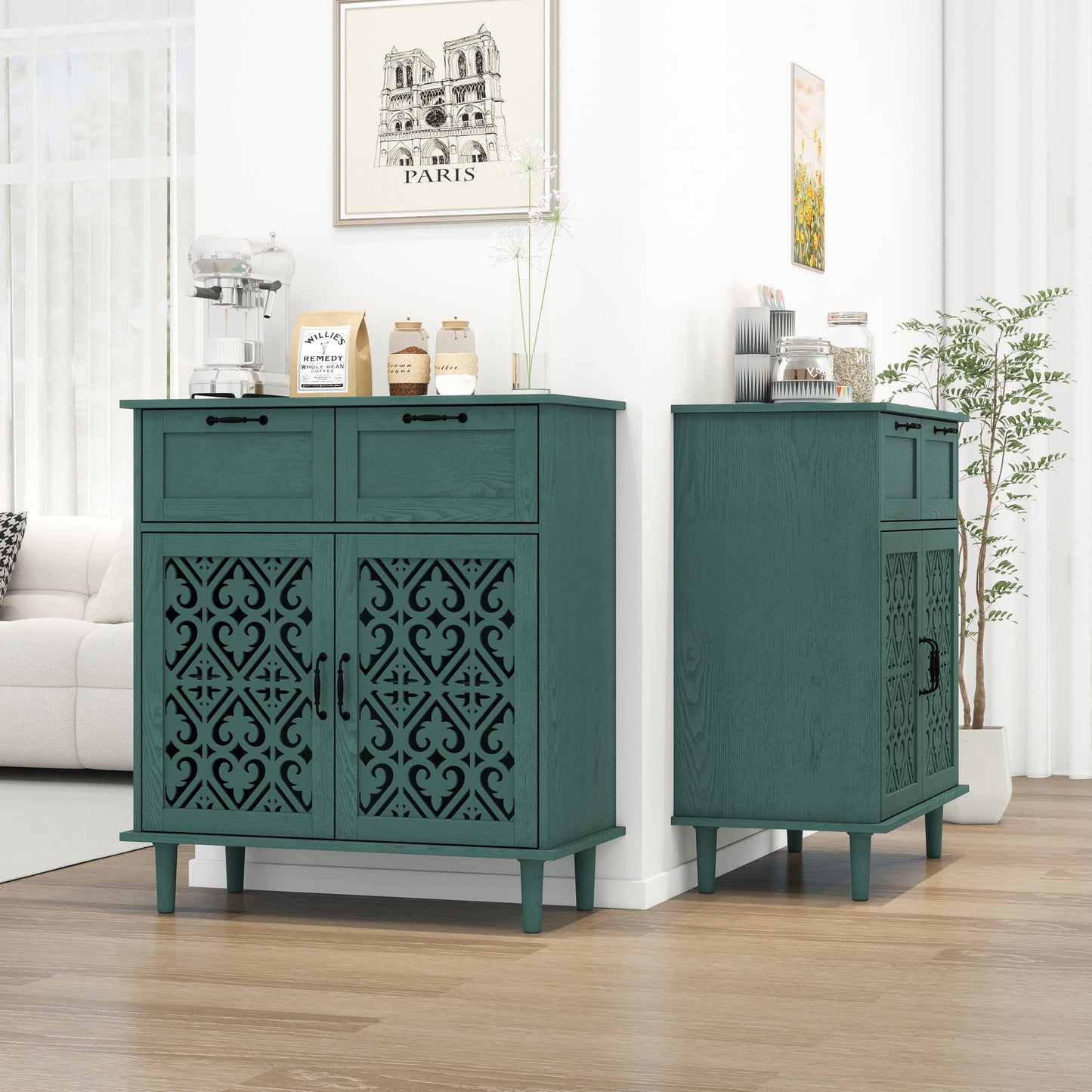 2 Door 2 Drawer Cabinet, American Furniture, Suitable For Bedroom, Living Room, Study - Dark Green