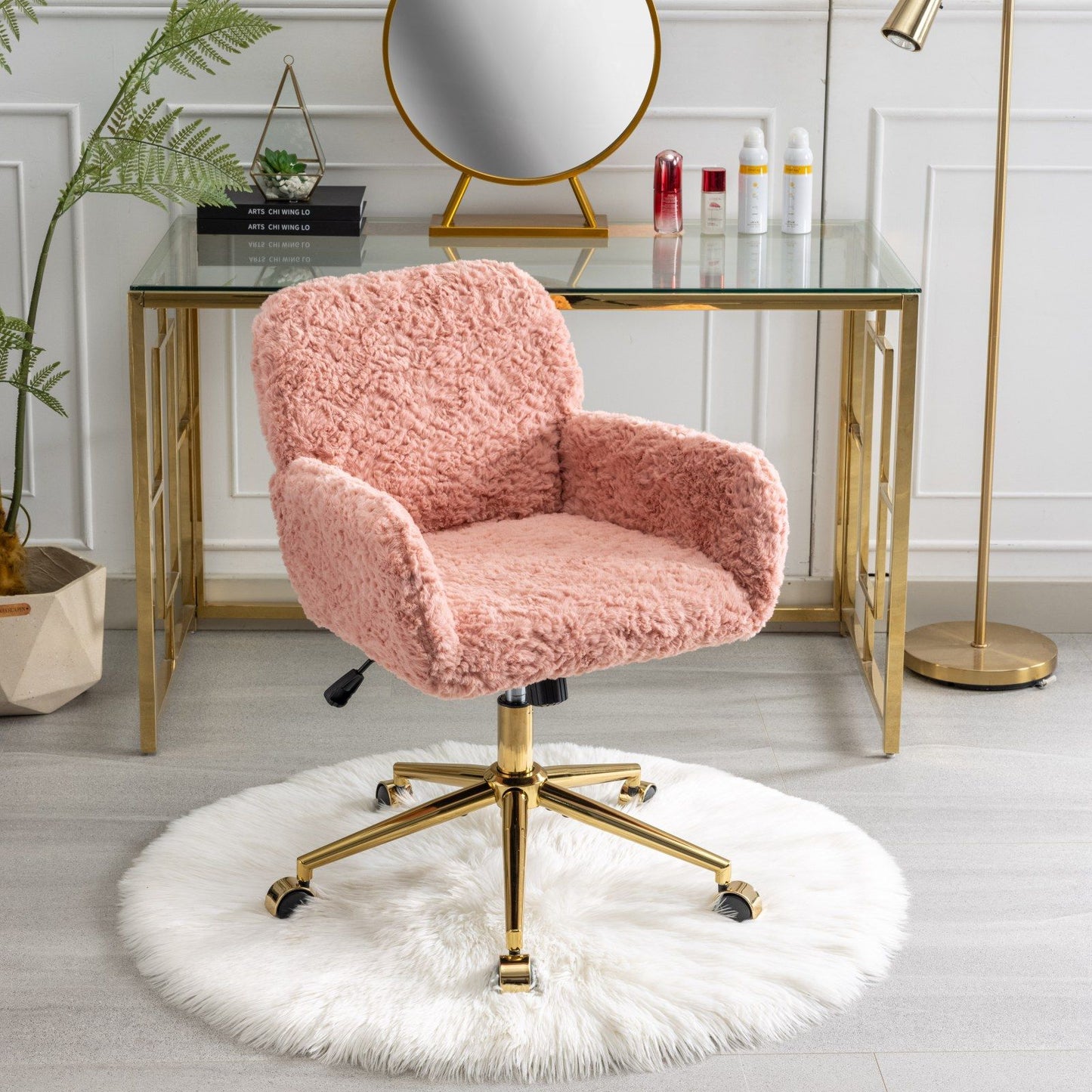 Office Chair, Artificial Rabbit Hair Home Office Chair With Golden Metal Base, Adjustable Desk Chair Swivel Office Chair, Vanity Chair - Pink