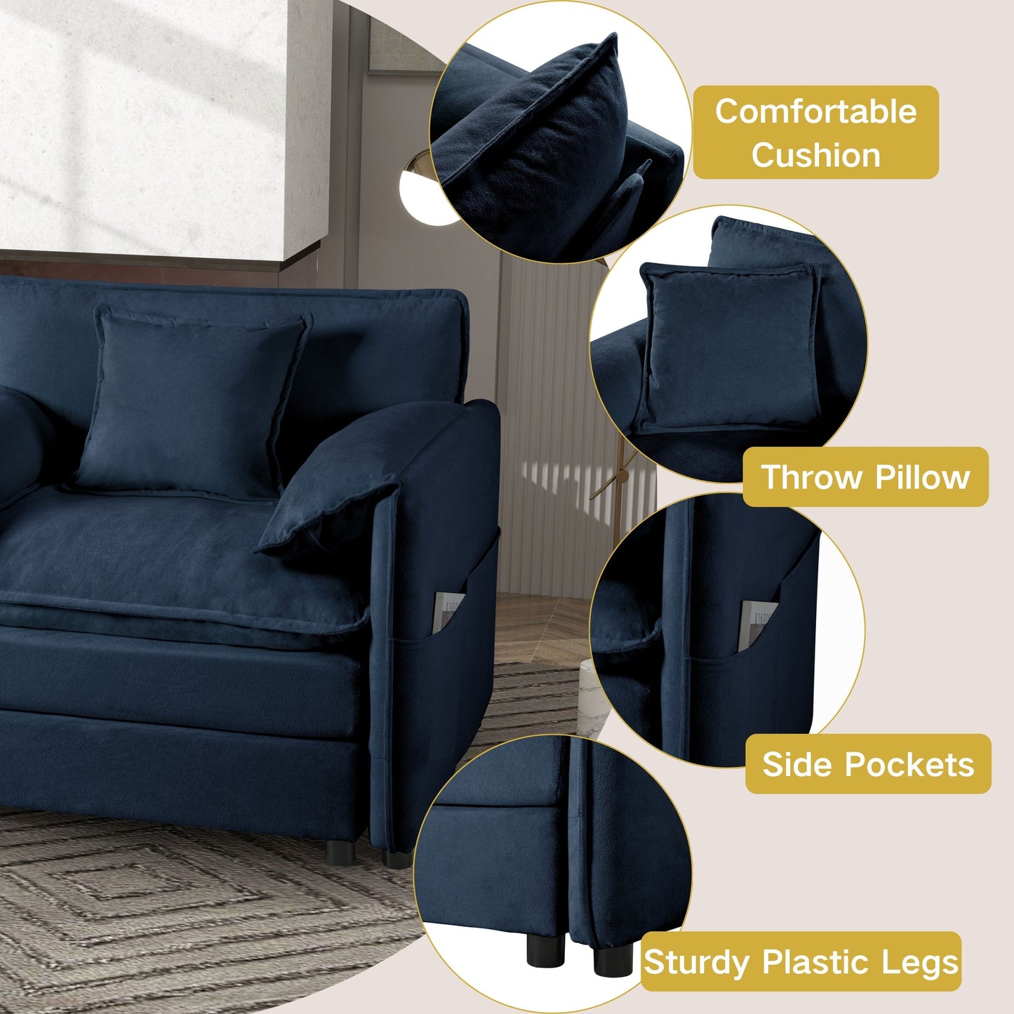 Oversized Recliner Chair With Movable Ottoman, Soft Chenille Upholstered Indoor Lounge Chair, Diy Combination - Blue