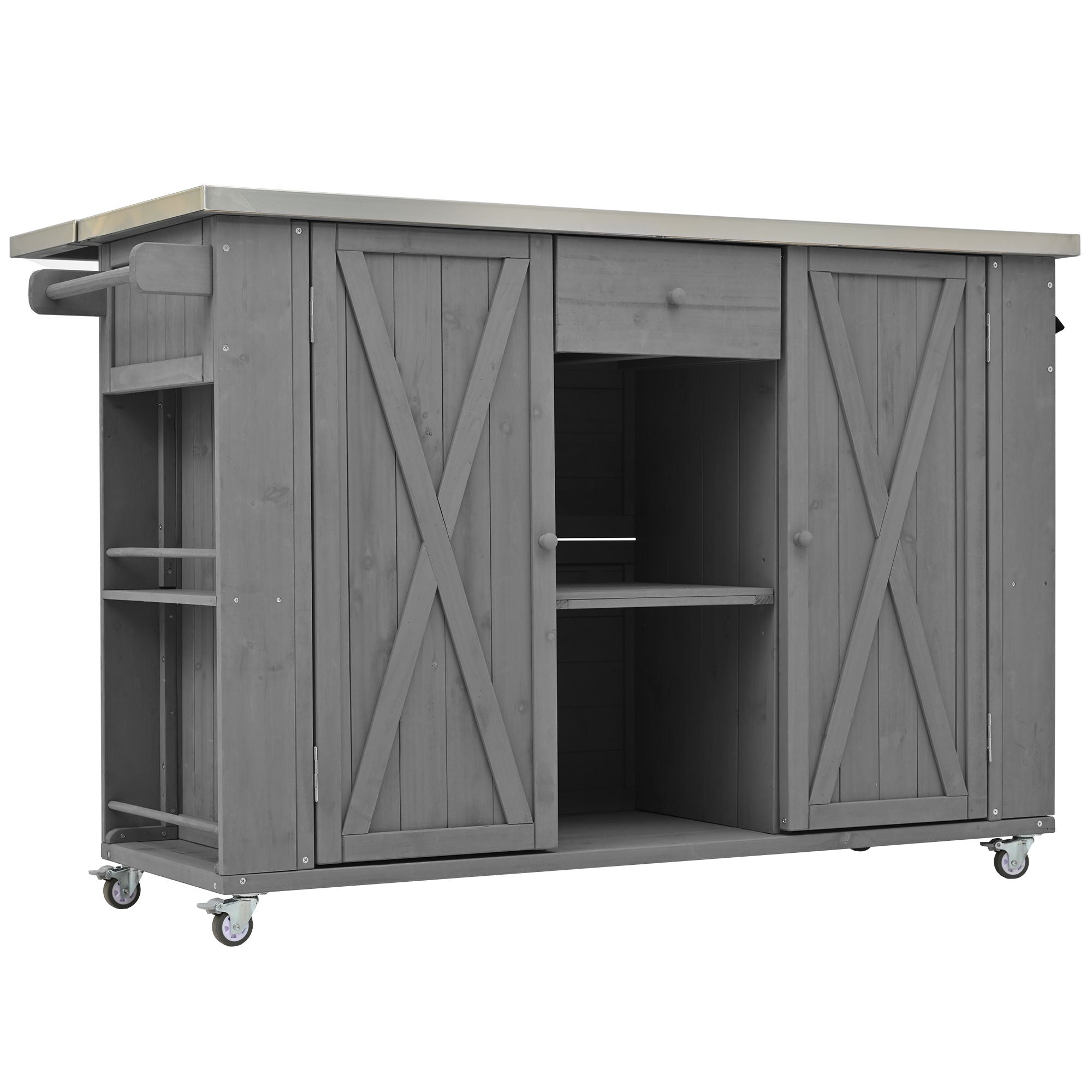 Outdoor Kitchen Island Fir Wood Kitchen Island With Stainless Steel Top, Ample Storage Space, Towel And Spice Racks And A Bottle Opener For Outdoor - Gray