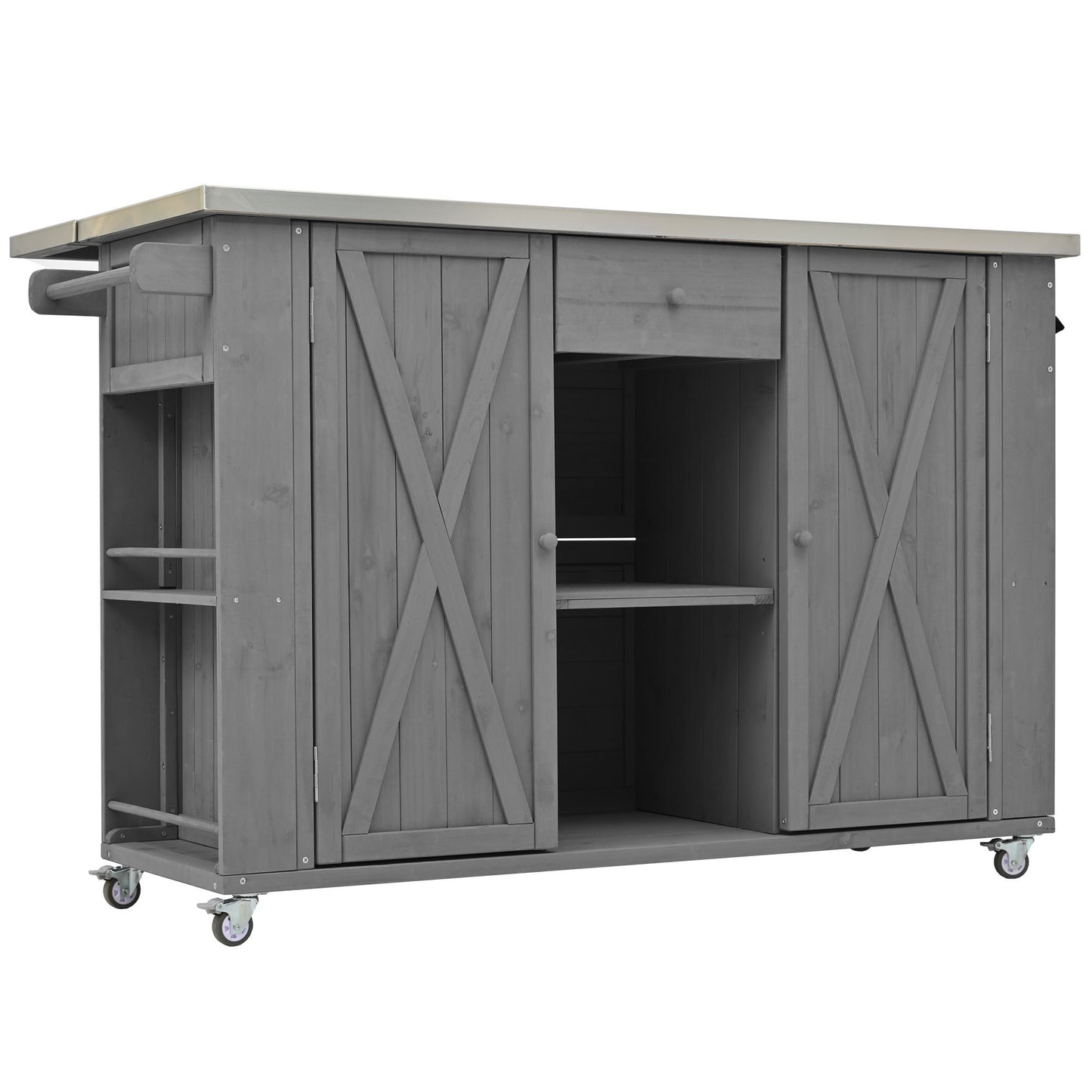 Outdoor Kitchen Island Fir Wood Kitchen Island With Stainless Steel Top, Ample Storage Space, Towel And Spice Racks And A Bottle Opener For Outdoor - Gray