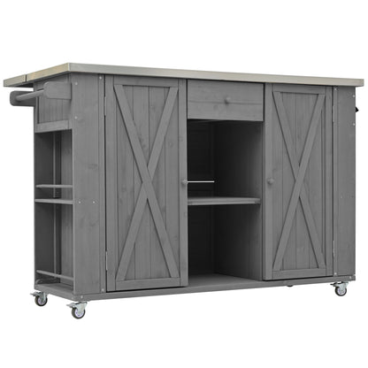 Outdoor Kitchen Island Fir Wood Kitchen Island With Stainless Steel Top, Ample Storage Space, Towel And Spice Racks And A Bottle Opener For Outdoor - Gray