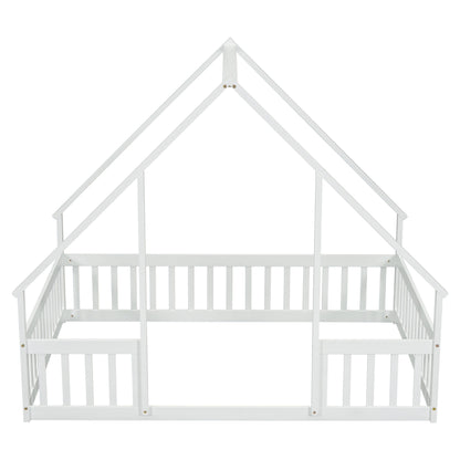 Full Wood House-Shaped Floor Bed With Fence, Guardrails - White