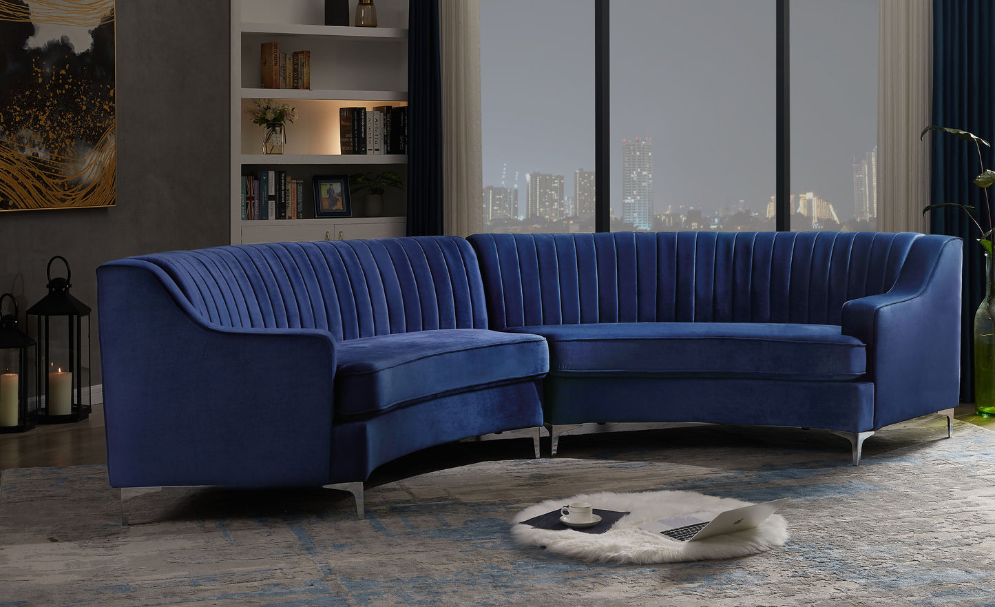 Velvet Curved Sofa - Navy Blue