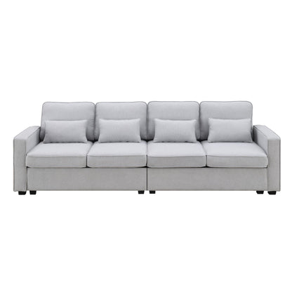 4 Seater Modern Linen Sofa With Armrest Pockets And 4 Pillows, Minimalist Style Couch - Light Gray
