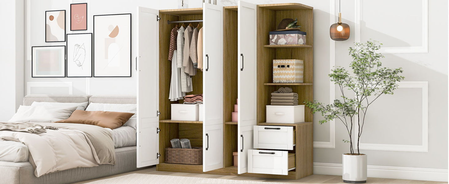 3 Door Storage Wardrobe For Dedroom With Shelves And 2 Drawers, Side Storage Shelves - White