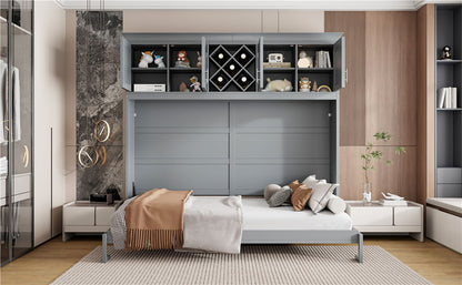 Queen Size Murphy Wall Bed With Top Cabinets & Wine Rack - Gray