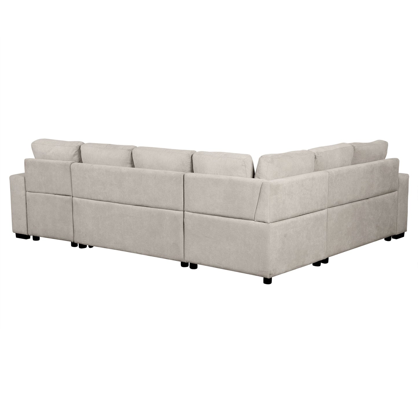 U-Shaped Sectional Sofa Pull-Out Sofa Bed With Two USB Ports, A Storage Chaise Lounge And Four Back Pillows For Living Room - Beige