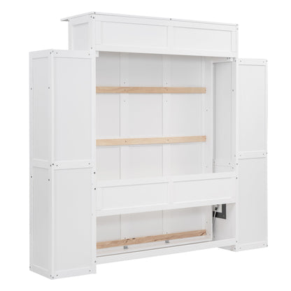 Full Size Murphy Wall Bed With Shelves And LED Lights - White