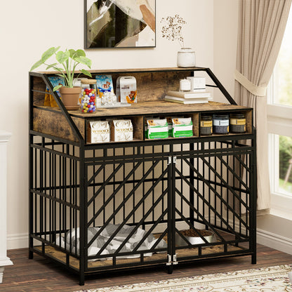 Wooden Dog Crate Furniture With Divider And Storage Drawers For Large Dogs - Rustic Brown