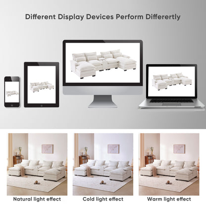 Modern U Shaped Sofa With Console, Cupholders And USB Ports, 6 Seat Upholstered Symmetrical Indoor Furniture, Sleeper Couch Set With Chaise - White