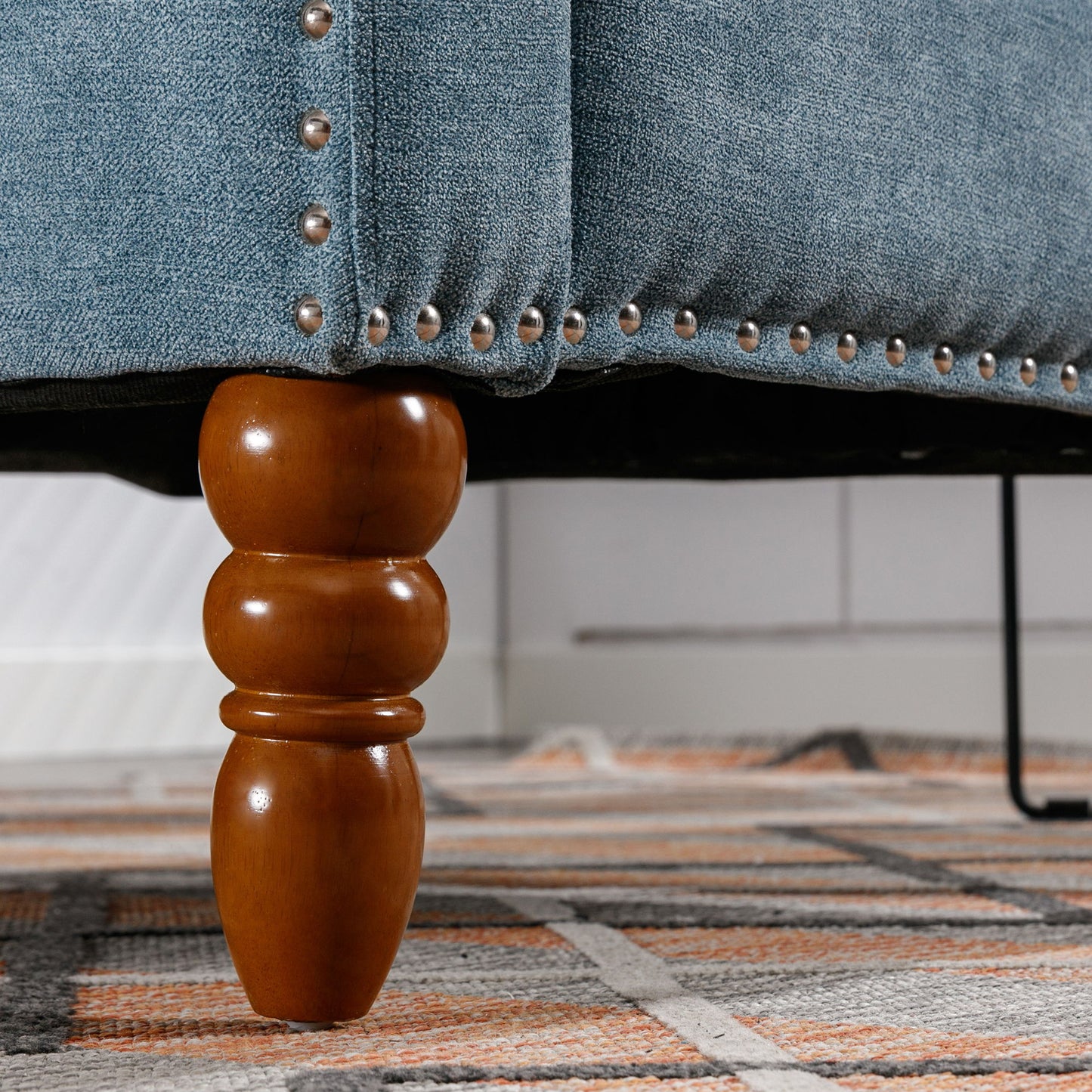 Accent Chair, Living Room Chair, Footrest Chair Set With Vintage Brass Studs, Button Tufted Upholstered Armchair For Living Room, Comfy Reading Chair For Bedroom, Reception Room - Blue