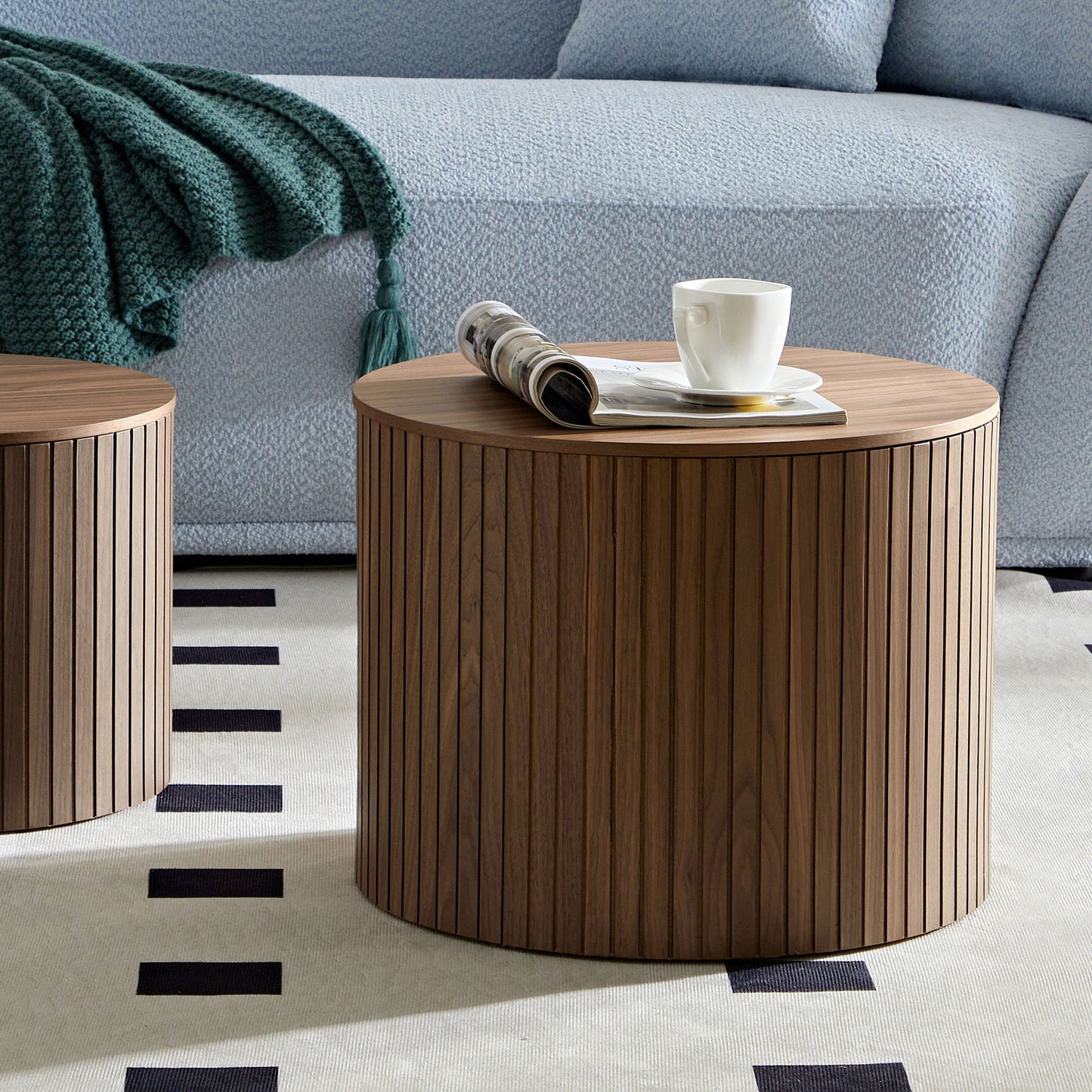 Handcrafted Nested Table Set 2 Pieces, Round Coffee Table - Walnut Color