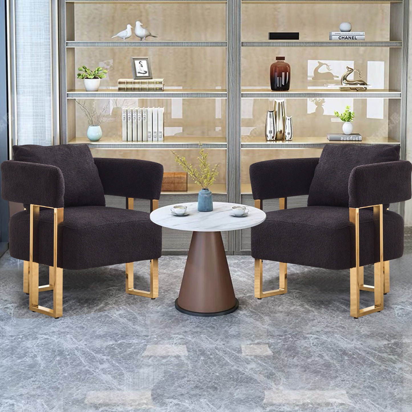 Modern Decorative Chair, Living Room Side Chair With Gold Metal Legs, No Wheels, Suitable For Dressing Area, Reception Room, Office, Teddy Fleece Upholstered Metal Foot Sofa 2 Pieces - Black