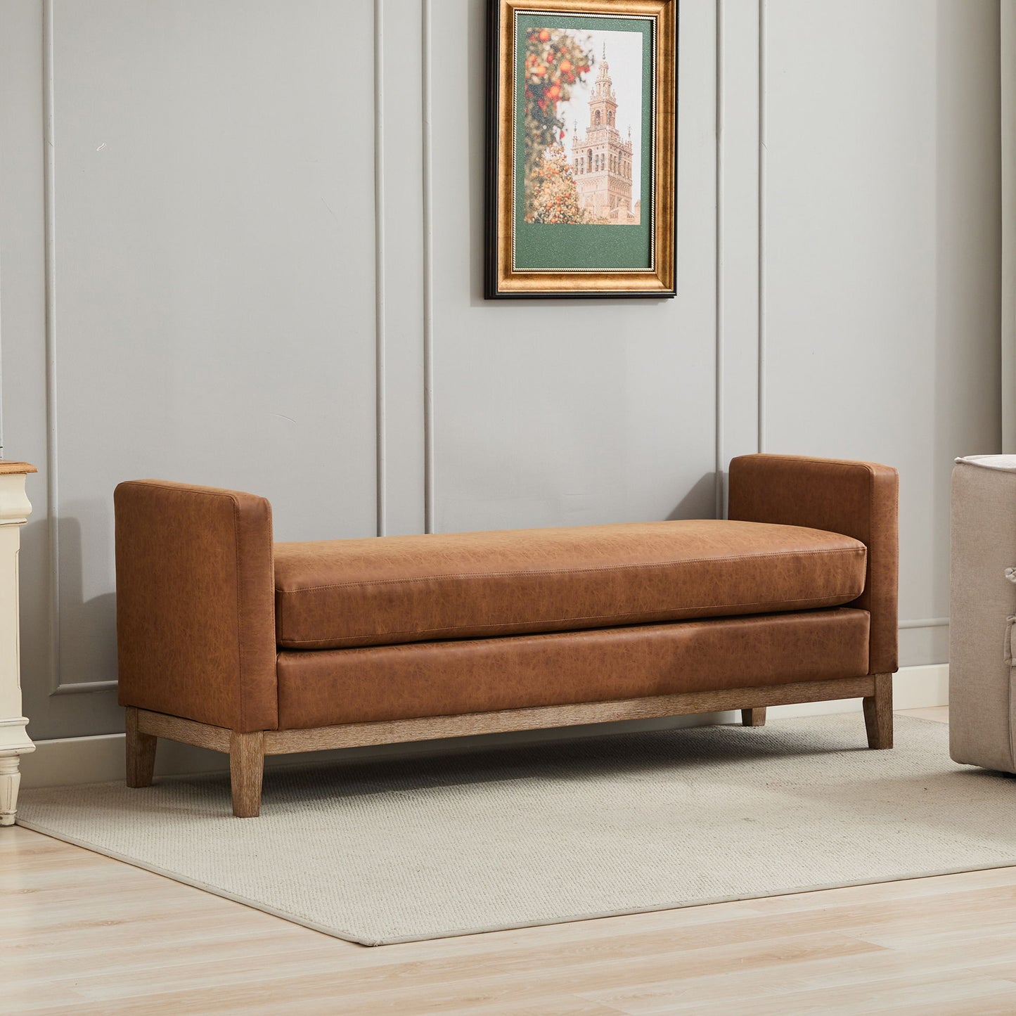Elegant Upholstered Bench, Daybed, Ottoman With Wood Legs & 2 Bolster Pillows - Brown