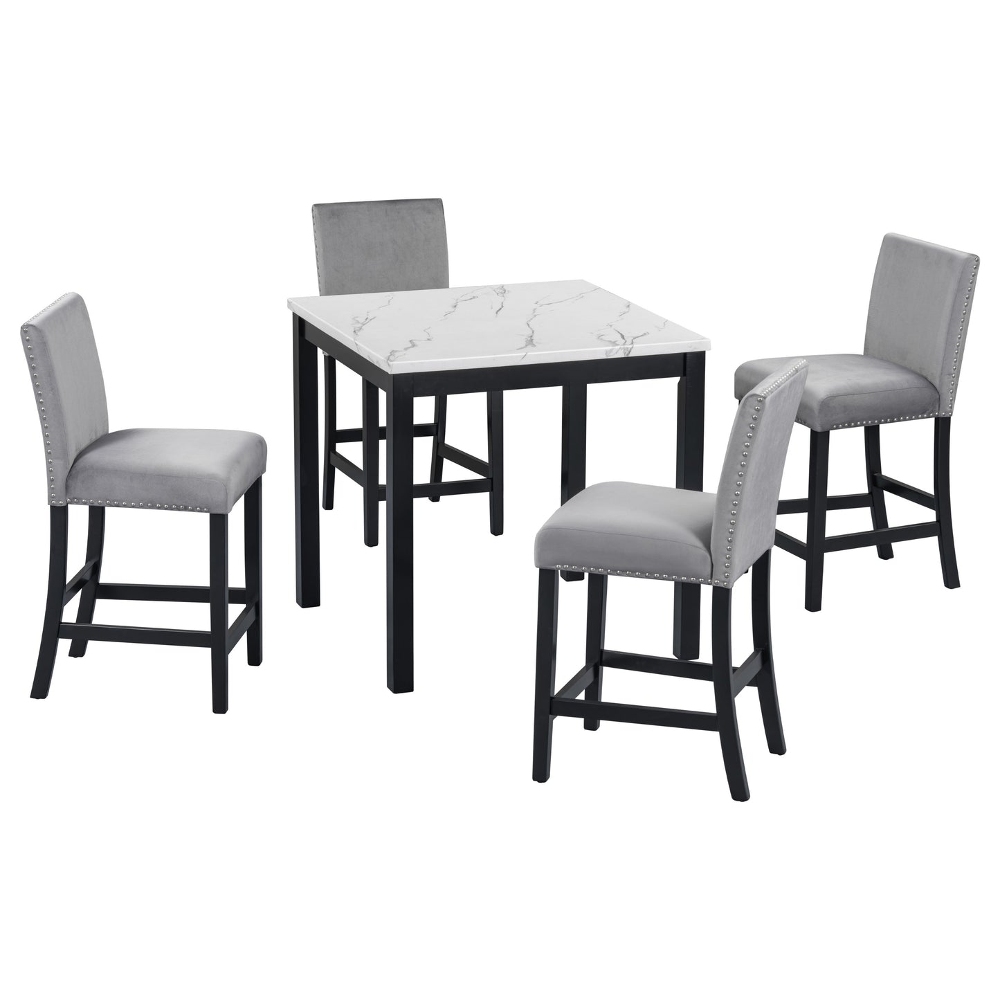 5-Piece Counter Height Dining Table Set With One Faux Marble Top Dining Table And Four Velvet Upholstered Chairs - Gray