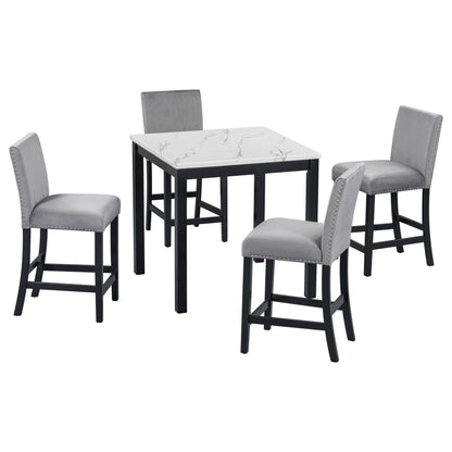 5-Piece Counter Height Dining Table Set With One Faux Marble Top Dining Table And Four Velvet Upholstered Chairs - Gray