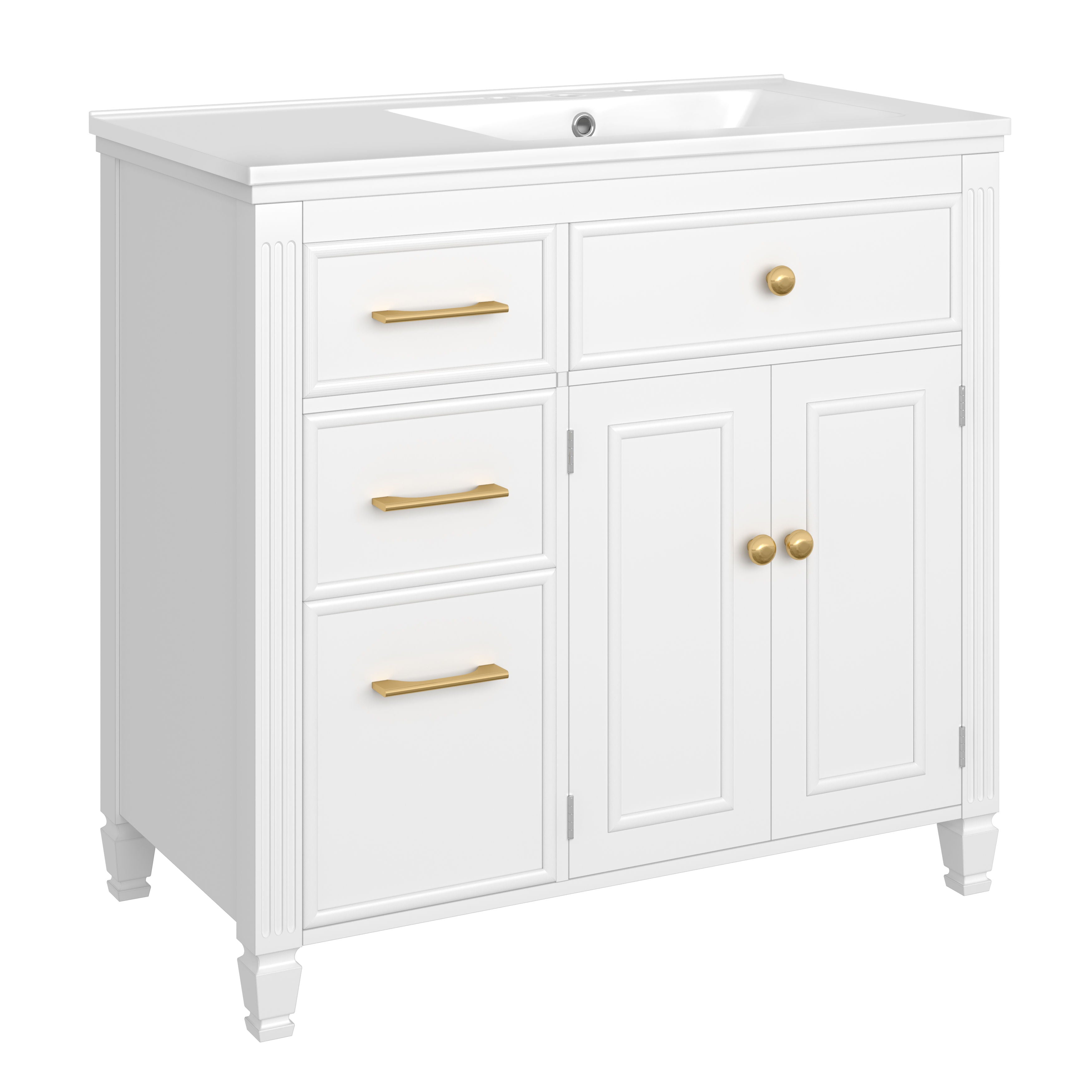 Modern Bathroom Vanity With Ceramic Sink, Freestanding, One Tip - Out Drawer, 3 Side Drawers, Adjustable Shelf - White