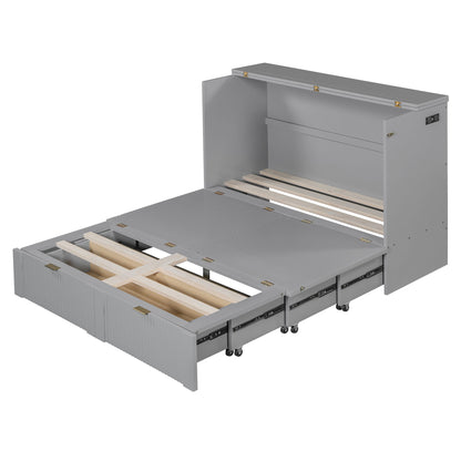 Full Size Murphy Bed With Drawer And A Set Of Sockets & USB Ports, Pulley Structure Design - Gray