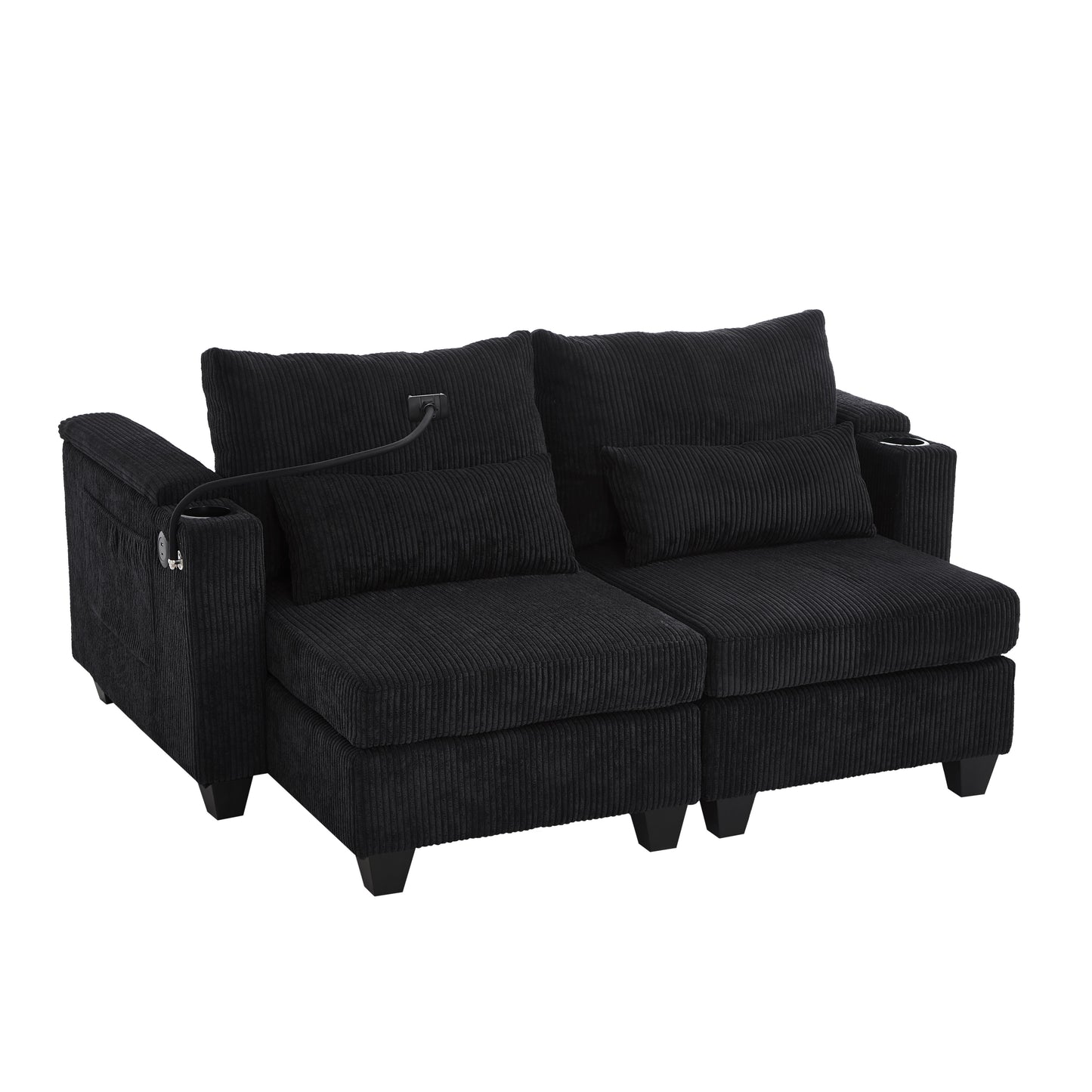 Convertible Chaise Lounge Loveseat Sofa Bed With USB Ports, Cup Holders, Phone Holder & Storage - Black