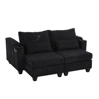 Convertible Chaise Lounge Loveseat Sofa Bed With USB Ports, Cup Holders, Phone Holder & Storage - Black
