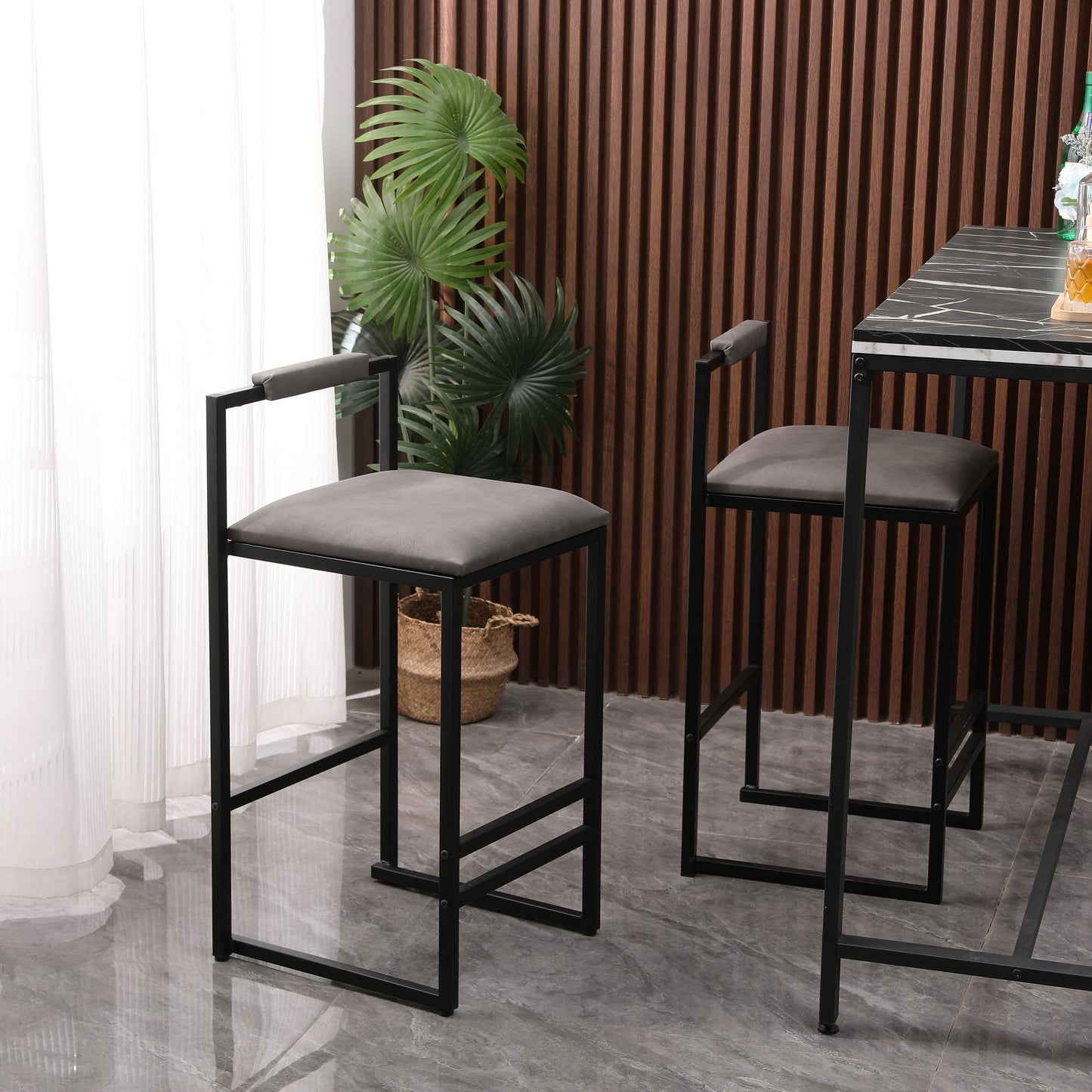 Modern Armless Metal Legs Kitchen Island Stools With Back Upholstered Chairs 2 Piece Set - Gray