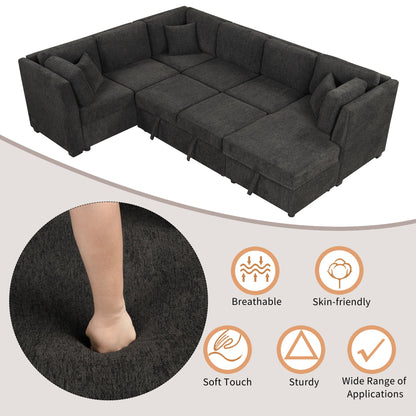 U-Shaped Sectional Sofa Pull Out Sofa Bed With Two USB Ports, Two Power Sockets, Three Back Pillows And A Storage Chaise For Living Room - Black