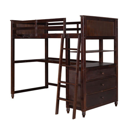 Twin Size Loft Bed With Drawers And Desk, With Shelves - Espresso