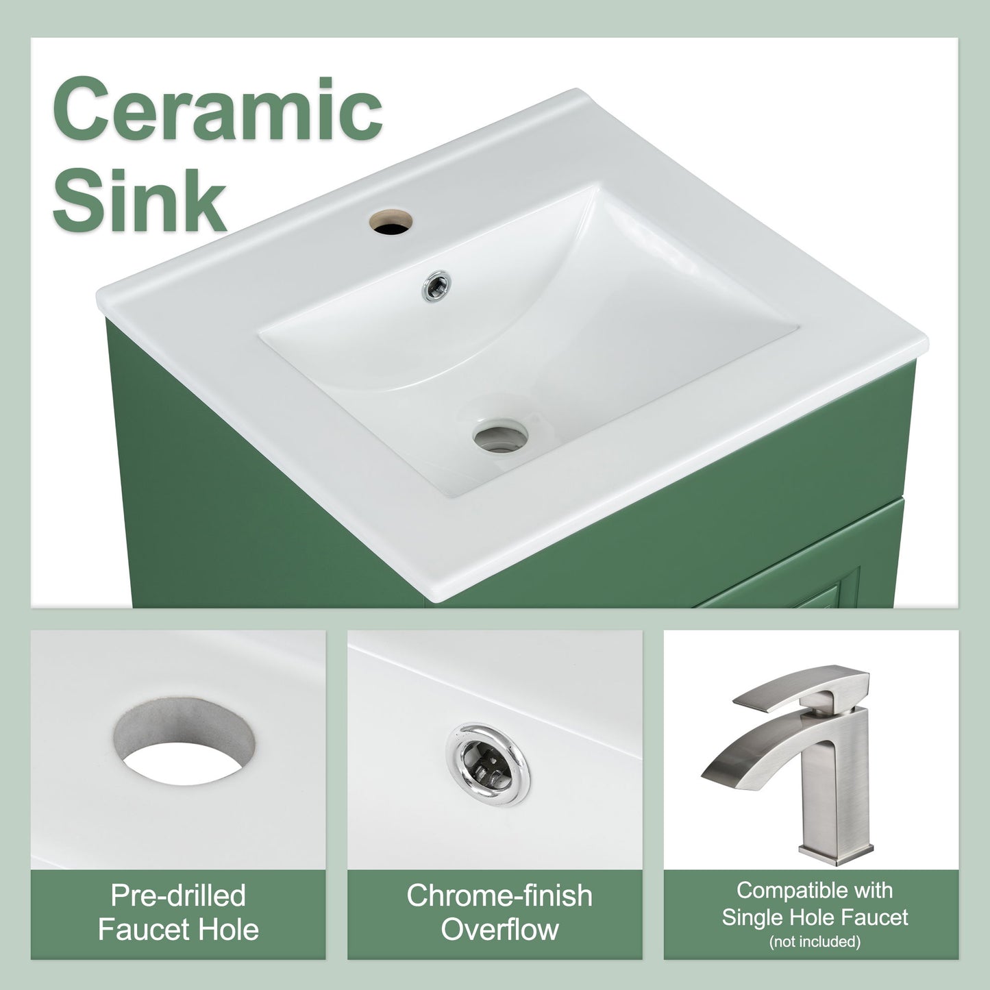 20" Bathroom Vanity With Sink, Freestanding Cabinet With Door Shelf And Adjustable Shelf, And Ceramic Construction - Green