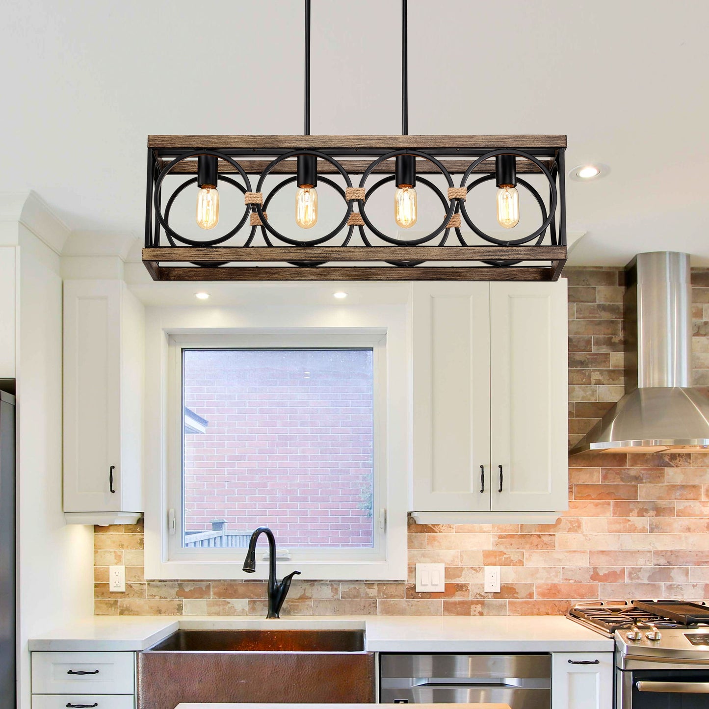 4 Light (Bulb No Included) Farmhouse Rectangle Pendant Light, Wood Texture Vintage Rustic Chandeliers Metal Industrial Hanging Light Fixtures For Kitchen, Entryway, Dining Room - Black / Natural
